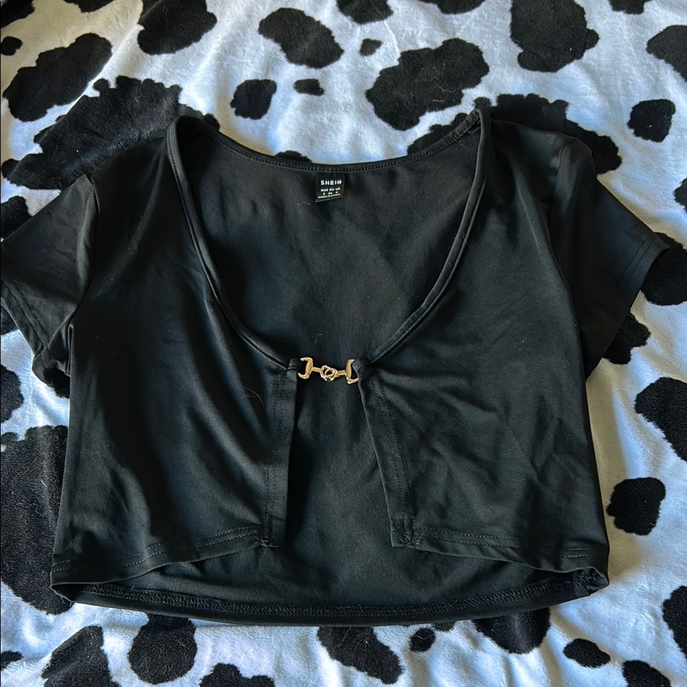SHEIN Black and Gold Cut Out Crop Blouse
